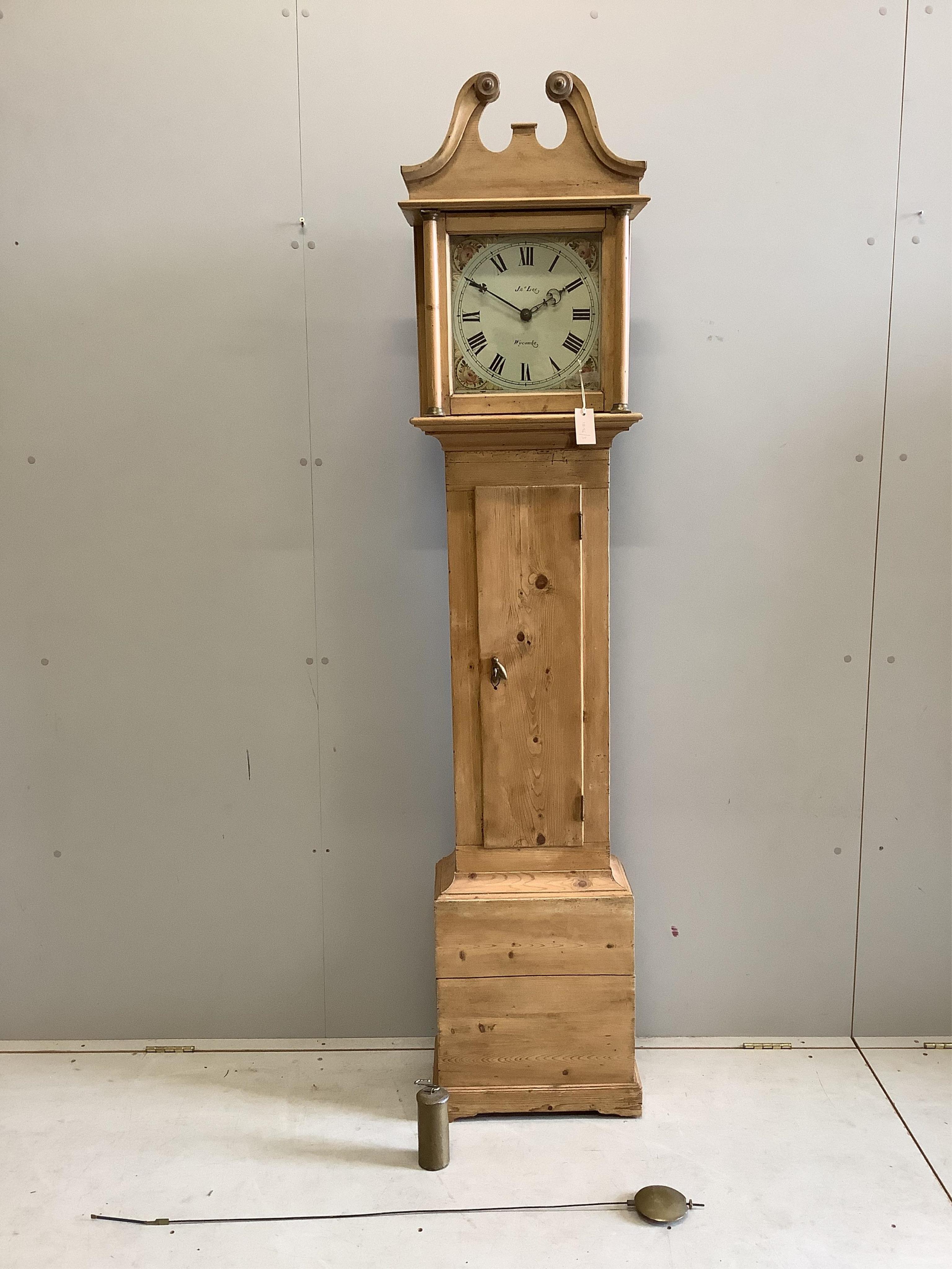 A 19th century pine 30 hour longcase clock, the painted dial marked 'Lee Wycombe', height 199cm